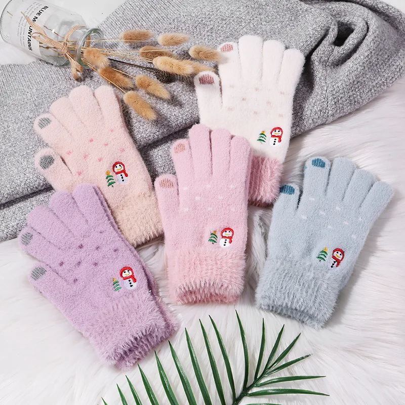 

Women Winter Warm Gloves Snowman Embroidery Crochet Woollen Glove Touch Screen Soft Furry Full Fingers Mittens Christmas Gifts