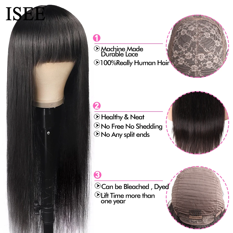 Фото ISEEHAIR аппарат для пришивания волос, парик из натуральных волос, прямой малайзийский парик с челкой, натуральный цвет для женщин, парики без к... №2
