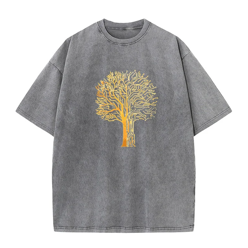 O Neck Gold Pine 100% Cotton Mens Washed Retro T Shirts Funny Short Sleeve Tops Tees Normal Shirt