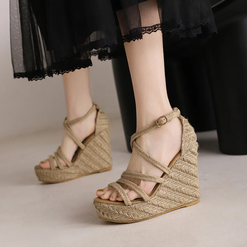 2023 Summer straw high heels fashion cross strap one line platform open toe sandals for women 699-34