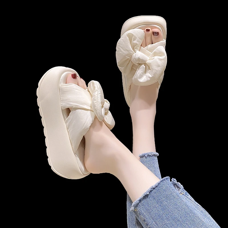 

Шлепанцы женские на плоской подошве, сланцы с бантом-бабочкой, Роскошные туфли из микрофибры, на платформе, лето 2023