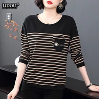 fashion casual o neck striped long sleeved t shirts comfortable trend all match popularity tops elasticity womens clothing