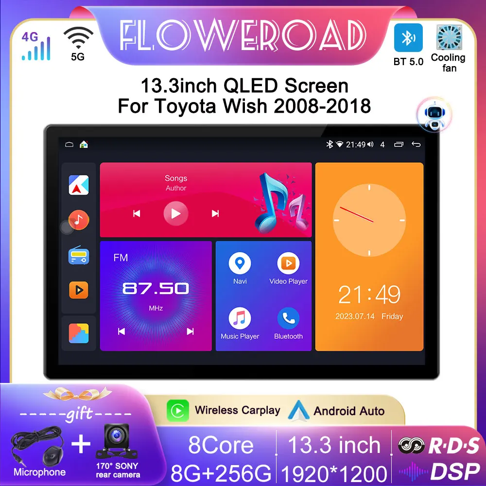 

Головное устройство 13,3 дюймов 8 ГБ + 256 ГБ Android 12 для Toyota Wish 2008 2009 2010-2018 автомобильное радио мультимедийный плеер GPS Carplay все в одном 4G