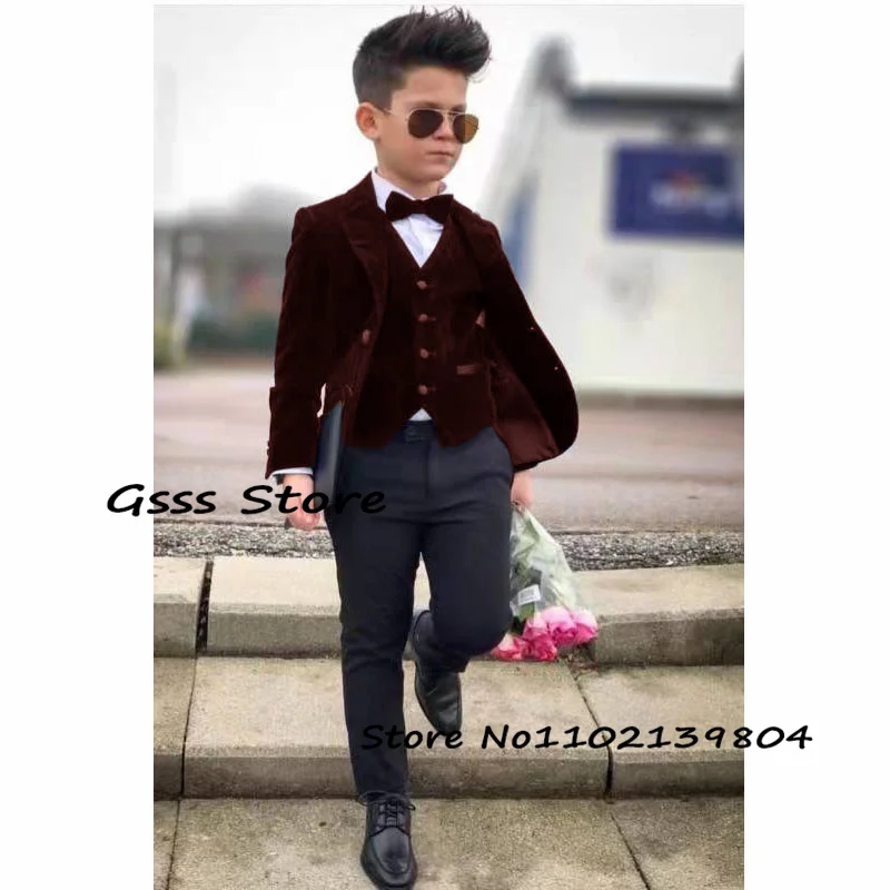 Boys Velvet Suit 3 Piece Formal Jacket Pants Vest Business Style Kids Blazer Party Pants Set costume enfant garçon