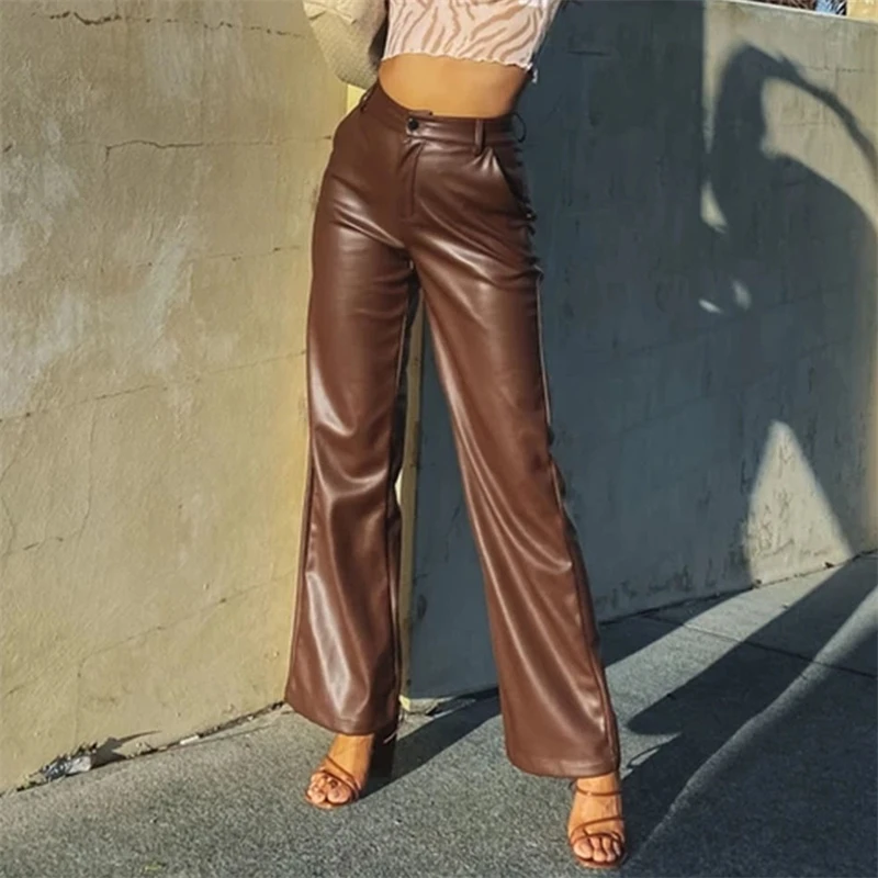Women PU Leather Loose Trousers Solid Color Elastic High Waist Straight Wide Leg Pants With Pockets Vintage Streetwear 2023