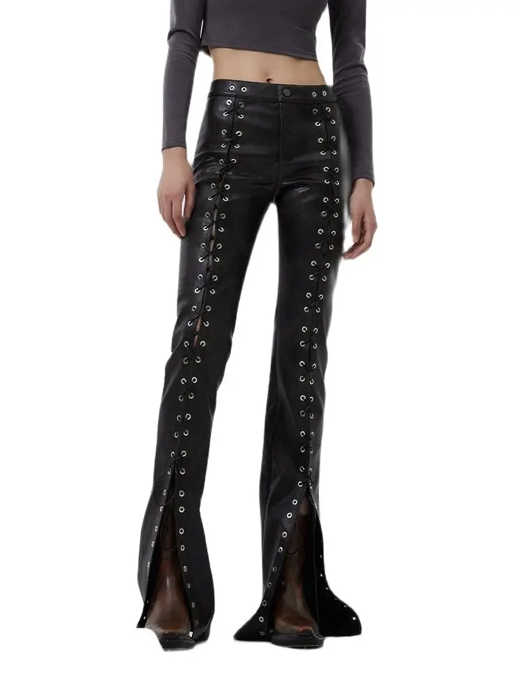 27-46 2023 Men Women GD Punk Niche Performance Tie PU Micro Flare Leather Pants Lovers Trousers Plus Size Singer Costumes