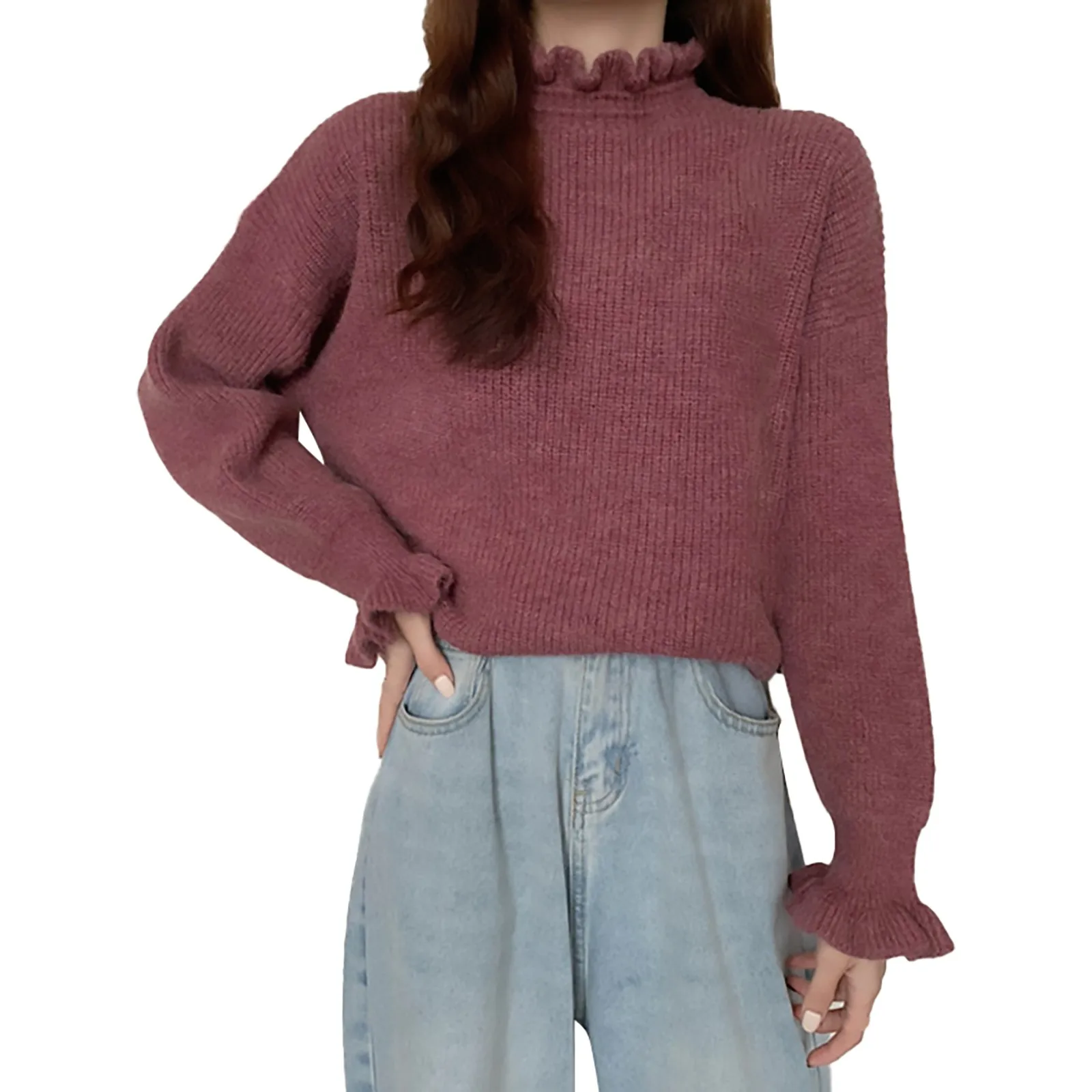 

Женское утепленное пальто с полувысоким воротником и длинным рукавом, вязаный пуловер, теплый свитер