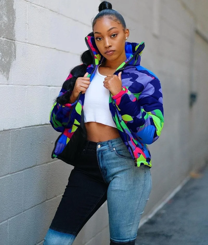 2023 Winter Women Short Parkas High Collar Full Sleeve Zipper Camouflage Print Coats High Street Outwear Night Club Jacket Tops