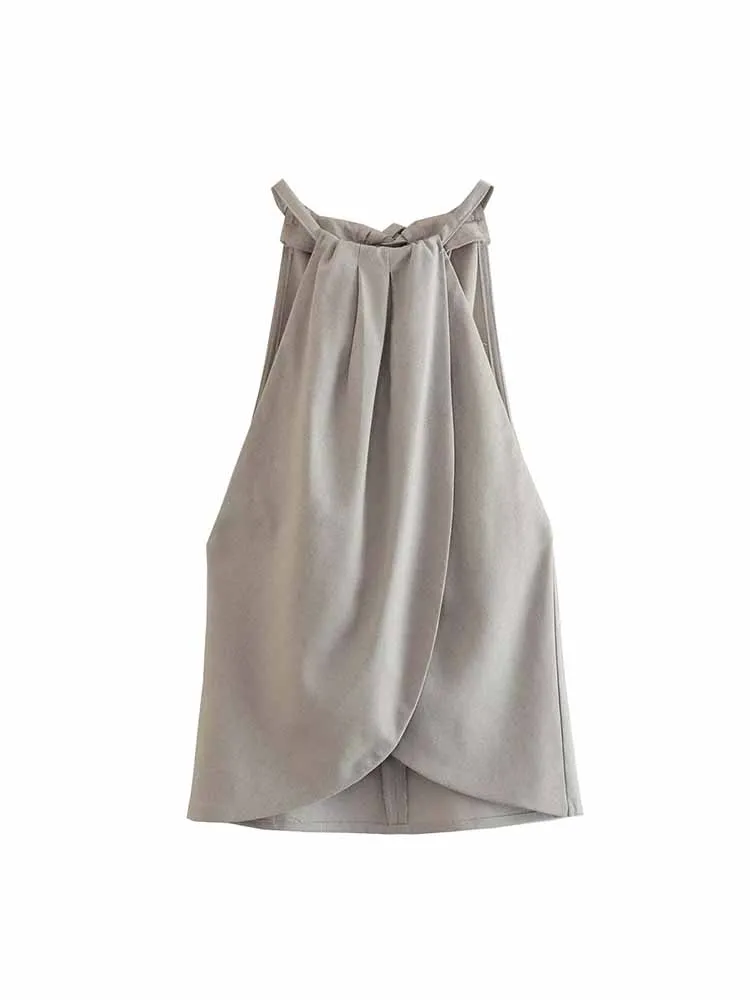 

Блузка BSK & ZA & TRF женская льняная Асимметричная, модная рубашка с завязкой на шее, с лямкой на шее, в винтажном стиле, без рукавов, шикарный топ, 2023