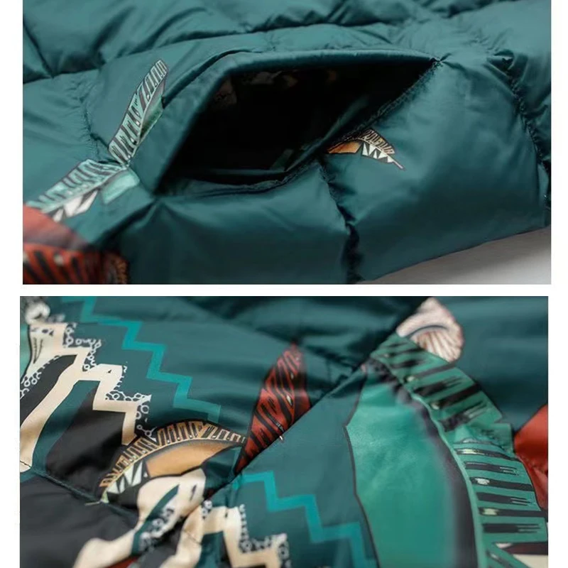 Removable Hood Down Jacket Women's Long Thickened Ethnic Style Print Winter New Coat