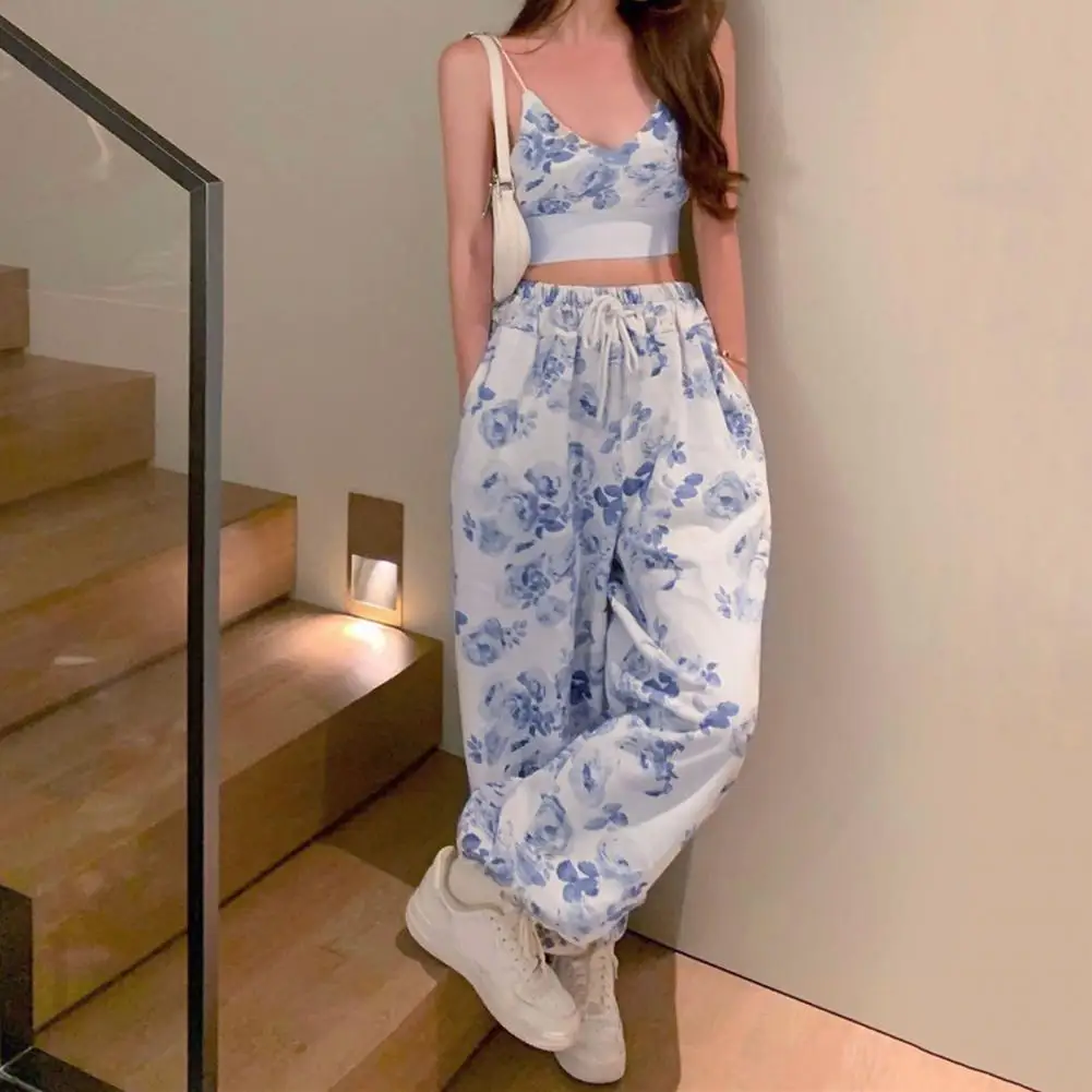 Элегантная женская одежда топ с цветочным принтом брюки широкими штанинами на