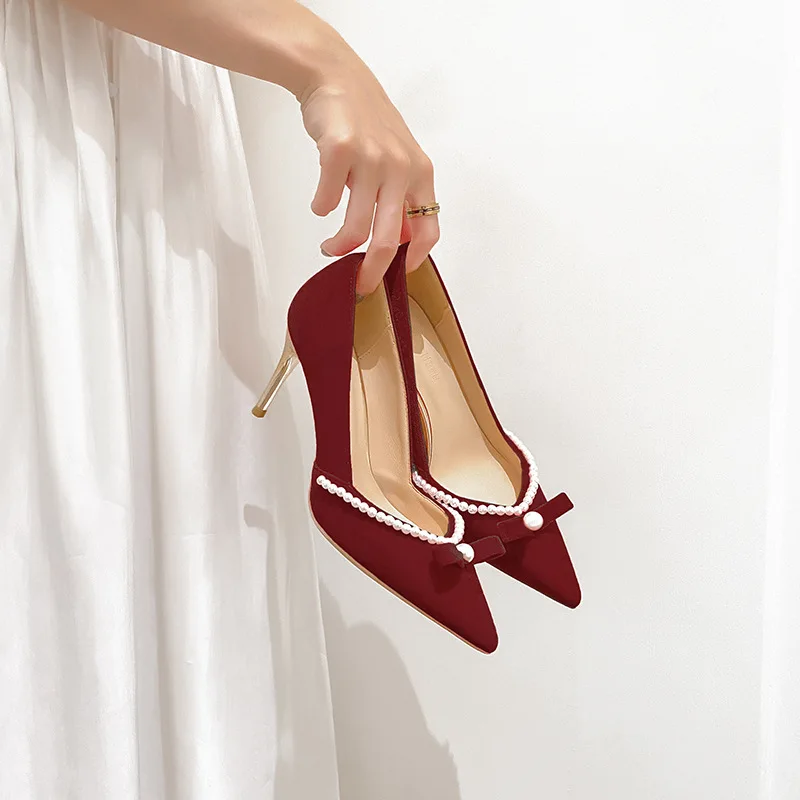 

Women Wedding Shoes High Heels Gold Velvet Pointed Solid Color Increase Non Slip Stiletto Bridal for