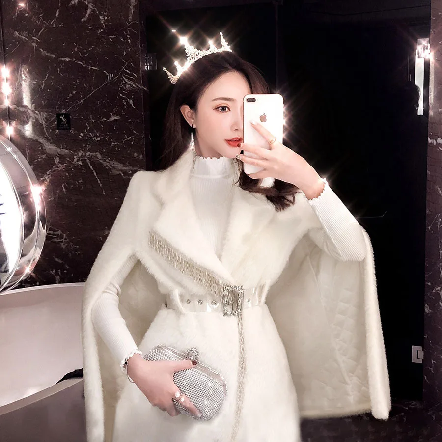 

Autumn Winter Woman Mink Fringed Thick Warm Coat Cape Cloak Coat Elegant Luxurious Beaded Long Cloak Jacket Women White Hot Sale