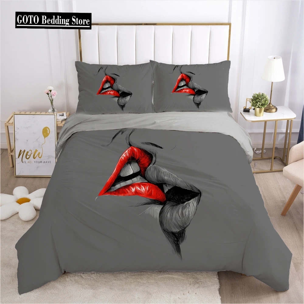 Love Couple Duvet Cover and Pillow Shams Set Pink Gray Sexy Lips Kissing Comforter for Women Girls bedding set black red