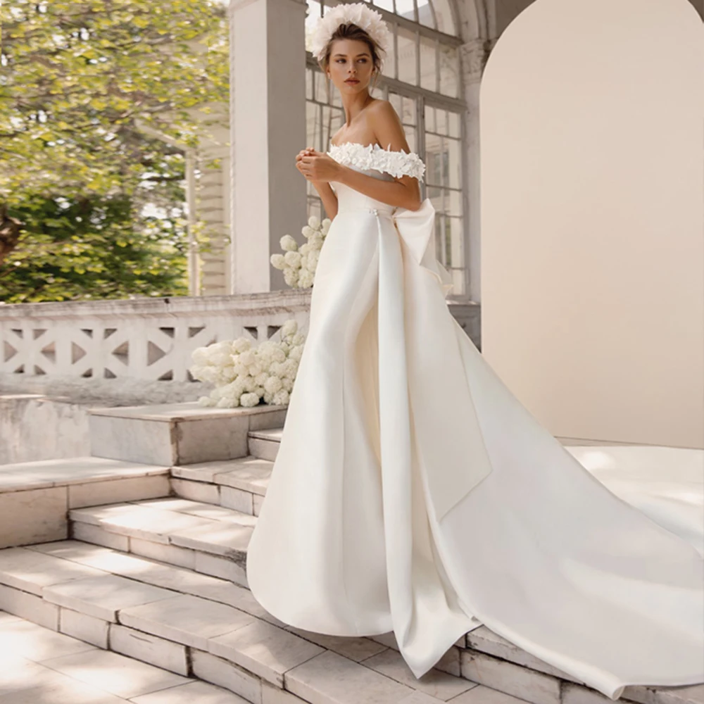 

Doymeny Gorgeous Mermaid Wedding Dress 2024 Off The Shoulder Flower Satin Bride Dress Detachable Train Boho Bridal Gown