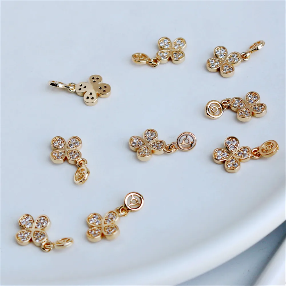 

14K gold colored inlaid zircon 9mm clover pendant DIY jewelry bracelet necklace earrings accessories