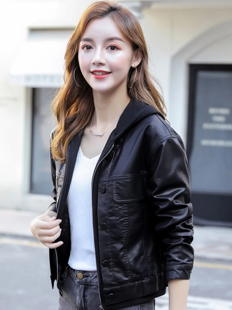 New Women Motorbiker Leather Jacket Casual Fashion Patchwork Hooded Long Sleeve Loose Short Split Leather Outerwear Female