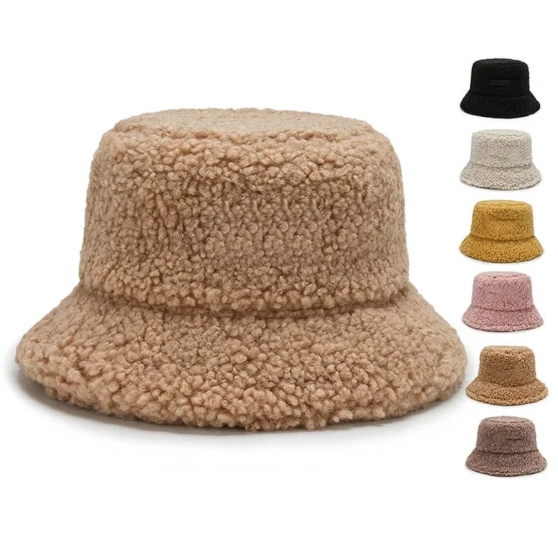 Lamb Faux Fur Bucket Hat Winter Warm Velvet Hats for Women Lady Thicken Panama Outdoor Fisherman Hats Caps Girls
