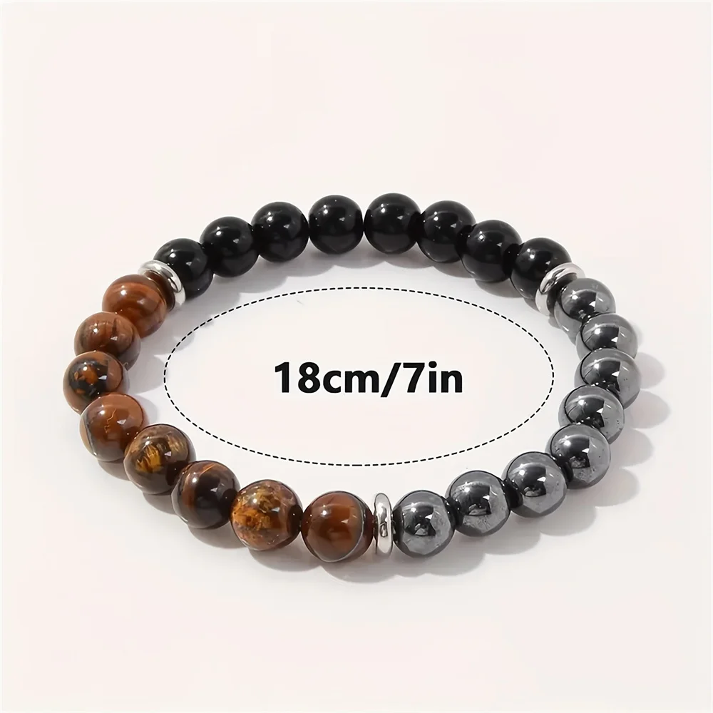 Фото Браслет с тройной защитой 2025: Тигровый глаз, черный обсидиан и гематит, круглые защитные кристаллы диаметром 8 мм (эластичный браслет из драгоценных камней) №4