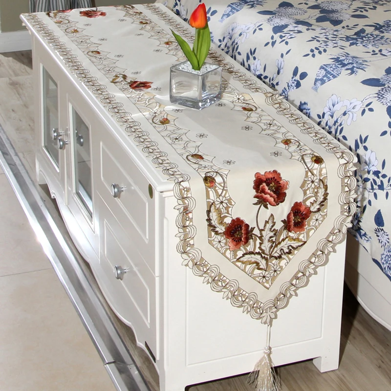 

Decor Lace Fabric Gauze Embroidered Table Runner Translucent Table Cloth Elegant Floral Polyester High Quality