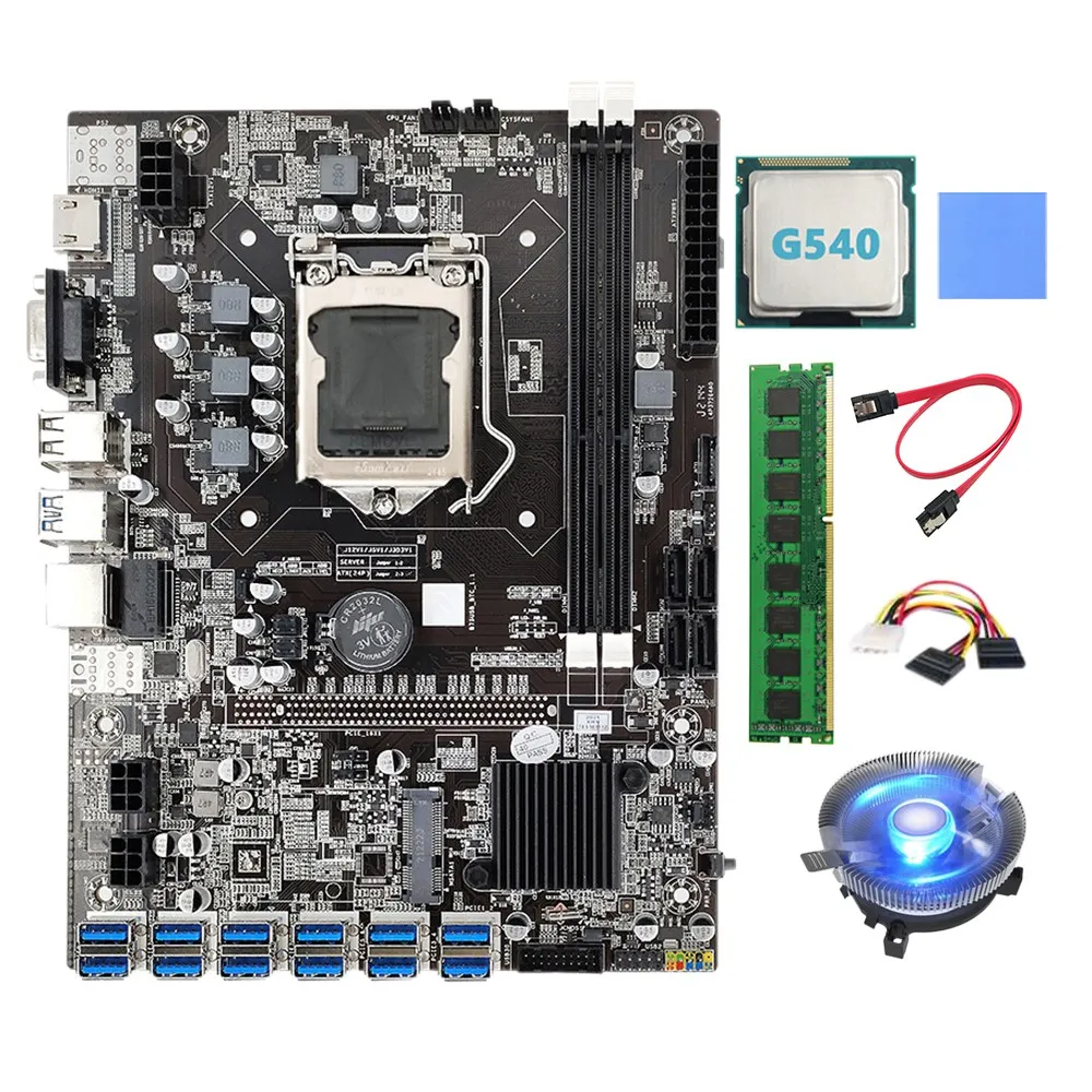 

B75 ETH Mining Motherboard LGA1155 12 PCIE to USB with G540 CPU+DDR3 4GB 1600Mhz RAM for Graphics Card B75 BTC Mining