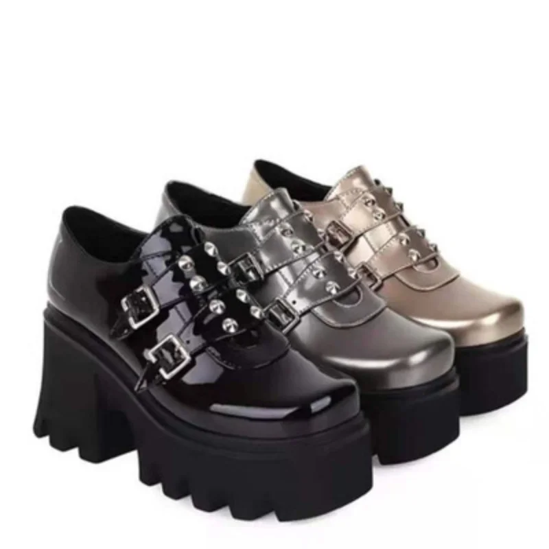 New Fashion Rivets Belt Buckle Platform Shoes Retro Square Head Chunky Heel Women  High  Patent Leather  Sneakers