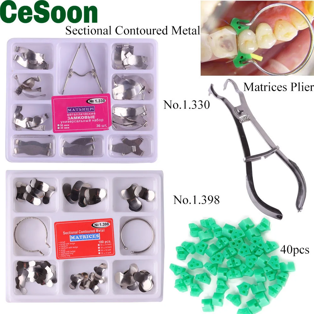 

Dental Matrix Sectional Contoured Metal Matrices Bands Kit Wedges Silicone Spring Clip No.1.398/NO1.330 Dentist Clinic Material