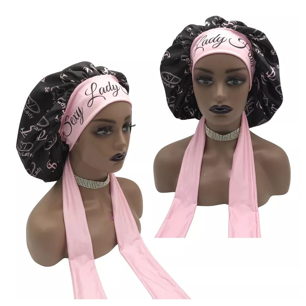 Custom Logo Hair Silk Scarf Large Long Bonnet With Tie And Band Designer Scotch Bonnet