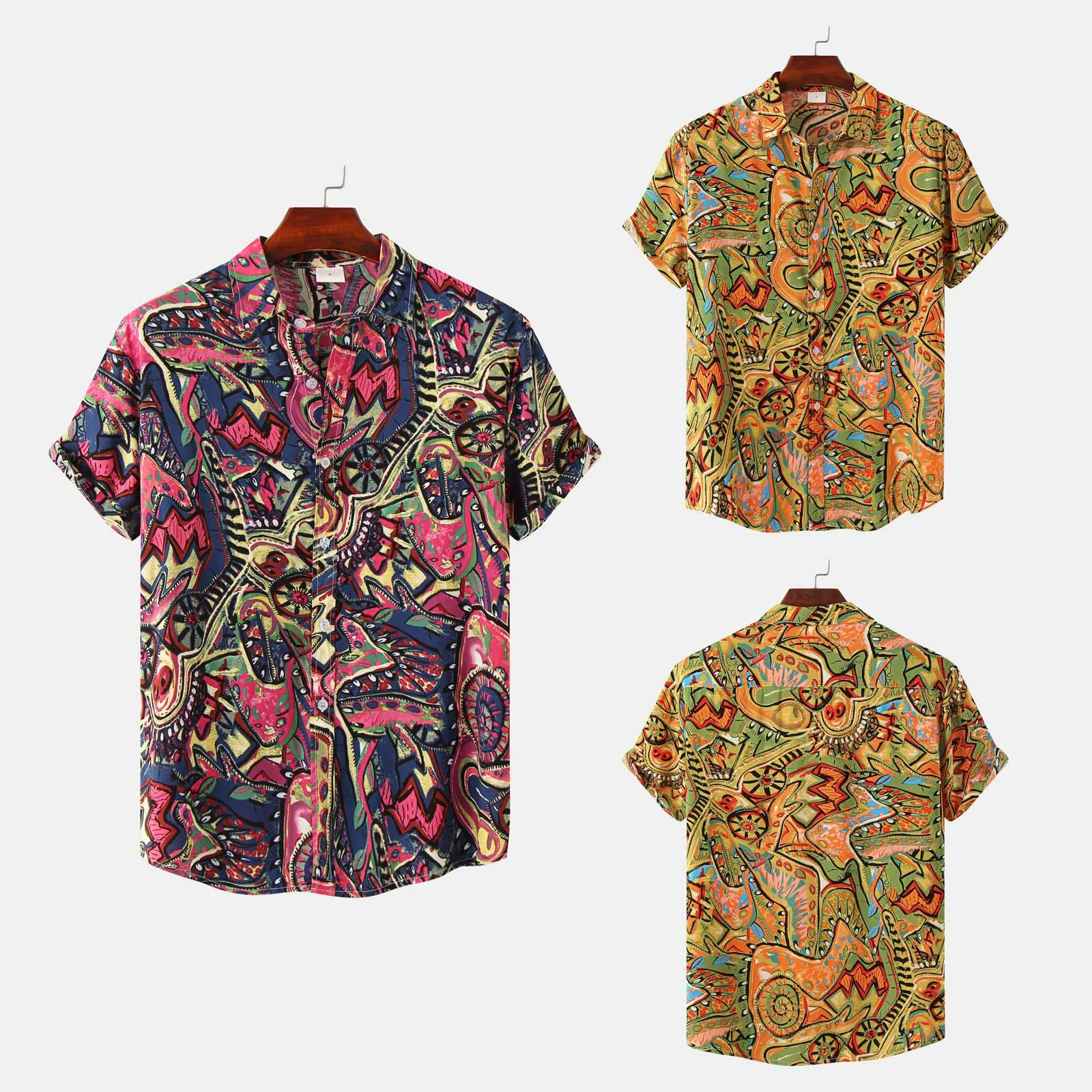 

Men's Fashion Casual Top Shirt Large Size Lapel Button Short Sleeve Fashion Shirts Blouse Colorful Vintage Print Holiday