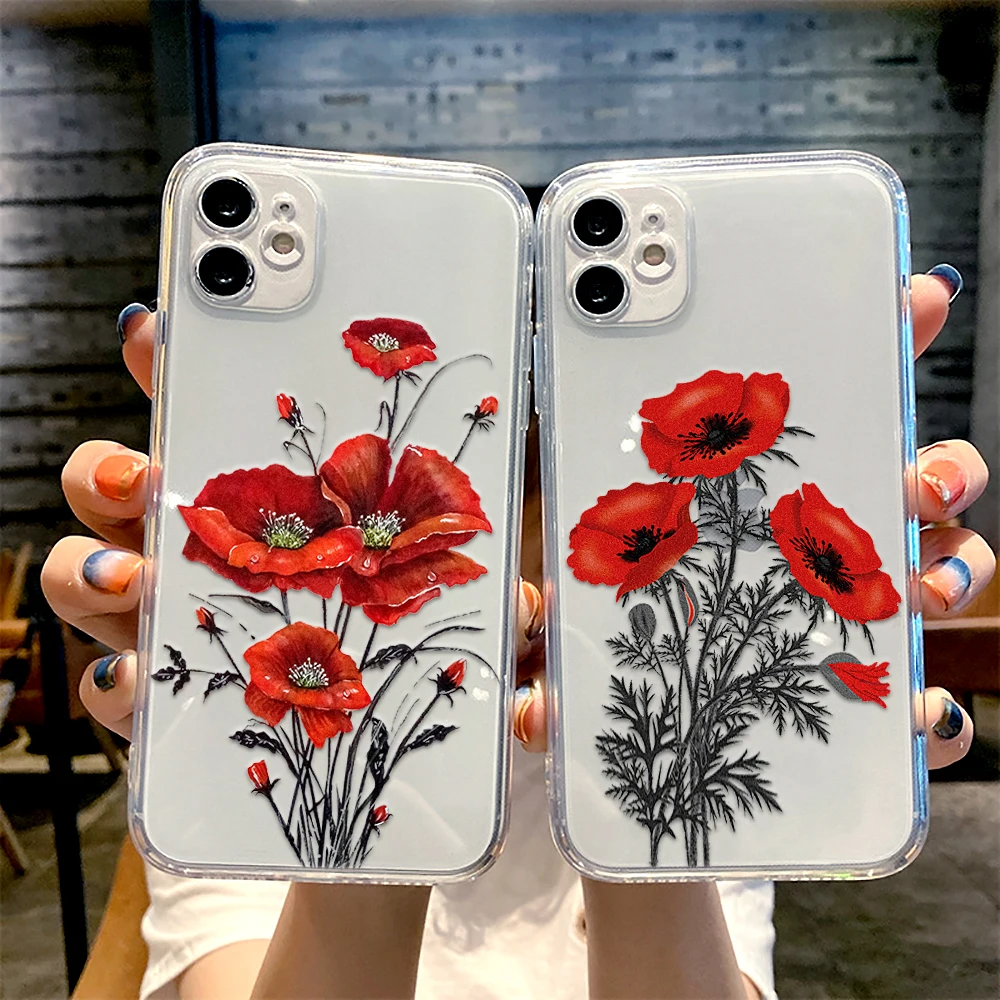 

Poppy Flower Case for IPhone 11 12 13 Pro Max Mini Floral Cover for IPhone 7 8 6 6S Plus X XR XS MAX 5 5s SE 2020 Soft TPU Funda