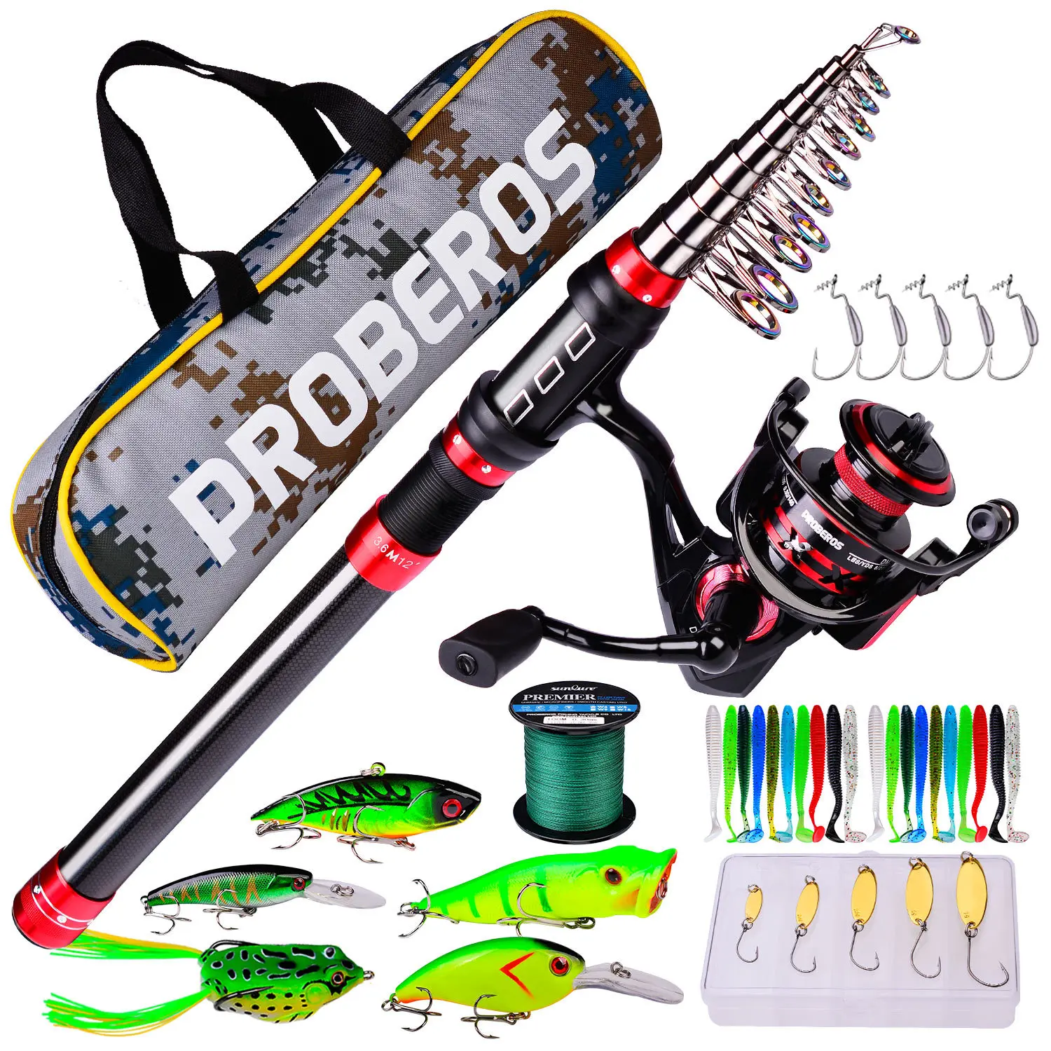 1.8-3.6m Portable CarbonFishing Rod and Speed Ratio 5.2:1 Spinning Fishing Reel and Line Bag Fishing Accessories Set Full Kit