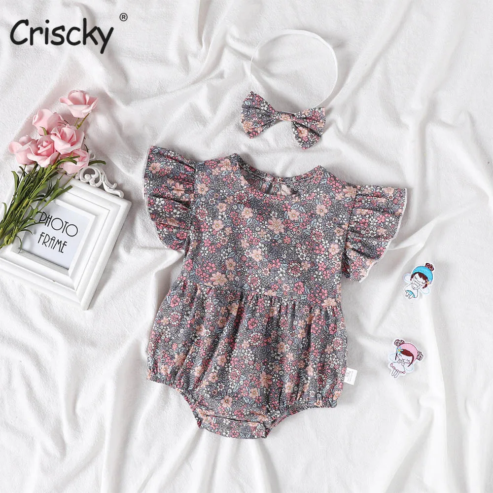 

Criscky 2022 Summer Printing Newborn Baby Girls Cotton Bodysuits Sleeveless Strap Jumpsuits+Headband 2Pcs Outfits Beachwear