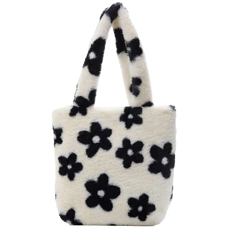 

Ladies Women Girls Fluffy Shoulder Bag Plush Handbag Wallet Tote Bag for Autumn and Winter, Flower Pattern