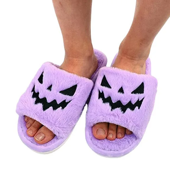 

2022 New Women Winter Fluffy Flat Slippers Soft Warm Shoes Home Shoes Halloween House Slippers Black Fluffy Couple Slippers