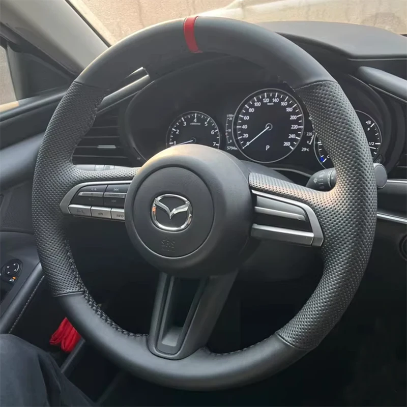 Сшитый вручную черный нескользящий чехол на руль из натуральной кожи для Mazda CX-30