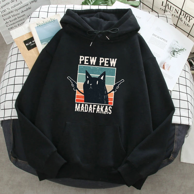 

Pew Pew Madafakas Black Cat Funny Print Mens Hoodie Harajuku Ullzang Streetwear Anime Sweatshirt Warm Casual Oversized Hoody