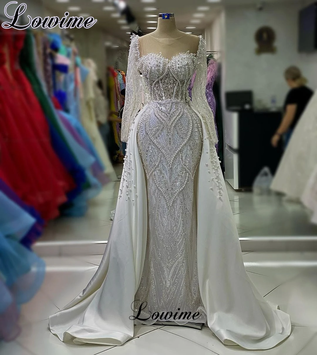 

Two Pieces Ivory Evening Dresses With Detachable Train Long Sleeves Formal Occasion Dresses With Pearls Robes De Soirée 2023