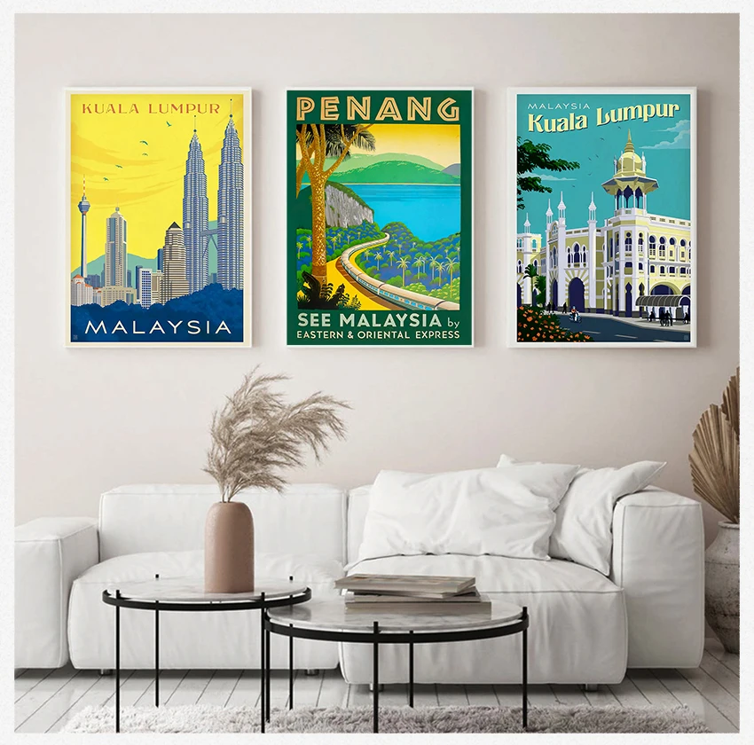 Винтажные настенные постеры из крафт-бумаги с покрытием, настенные наклейки, домашний декор, подарки, посетите Малайзию, Пенанг, пляж, Куала-Лумпур, дорожный холст