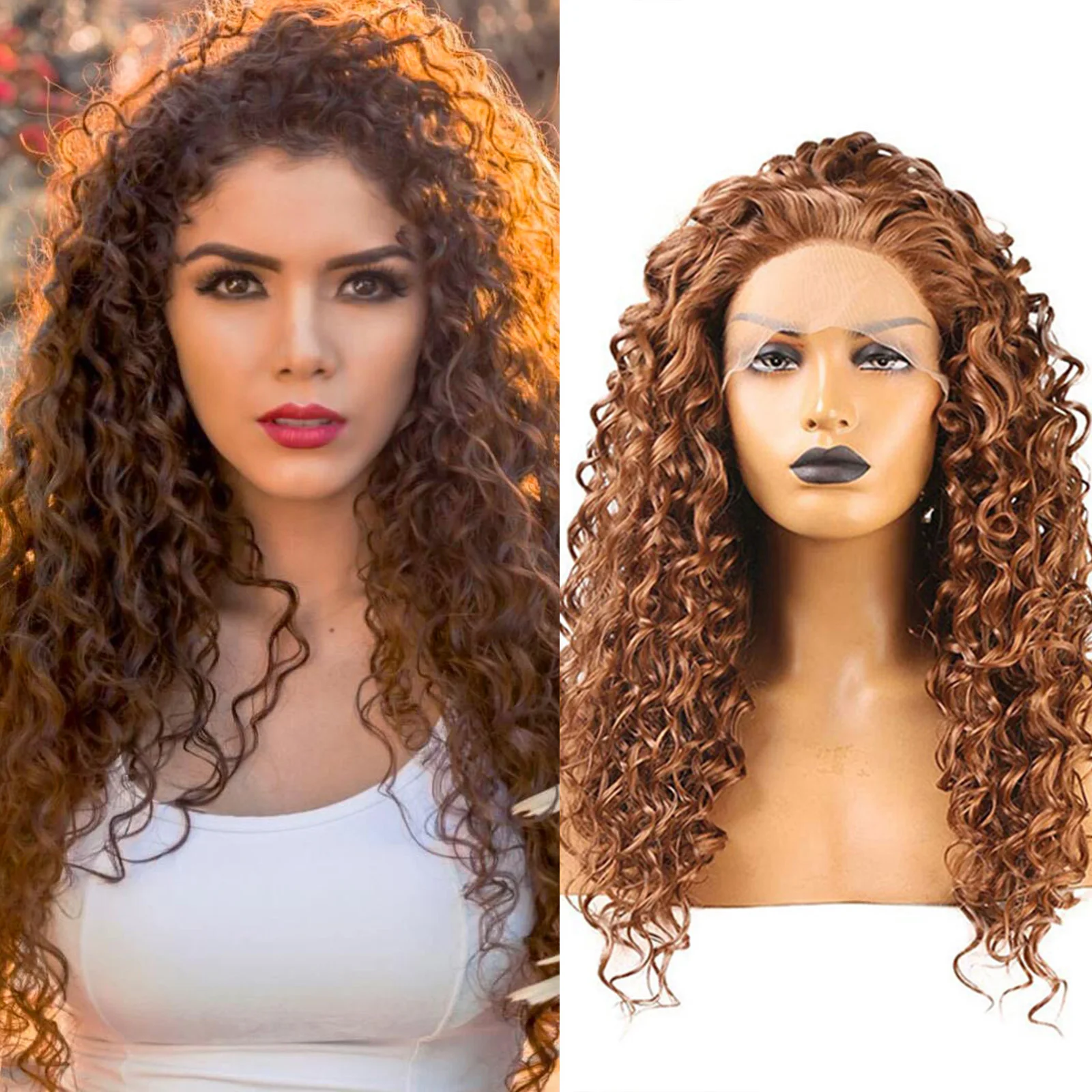 

Парик Синтетический RONGDUOYI, коричневый кудрявый, с глубокими завитками, с натуральными волосами, для ежедневного Косплея