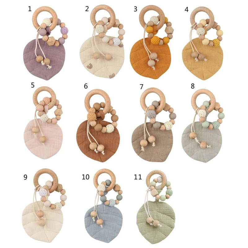 

Happyy baby Baby Wooden Teether Ring with Leaves Absorbent Cloth Towel Rattle Bead Molar Toy