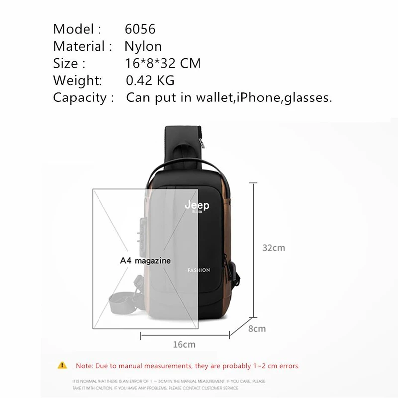 JEEP BULUO Brand High Quality Men USB Crossbody Shoulder Bags Chest Sling Safety Lock Male Anti-theft Fashion Travel Pack