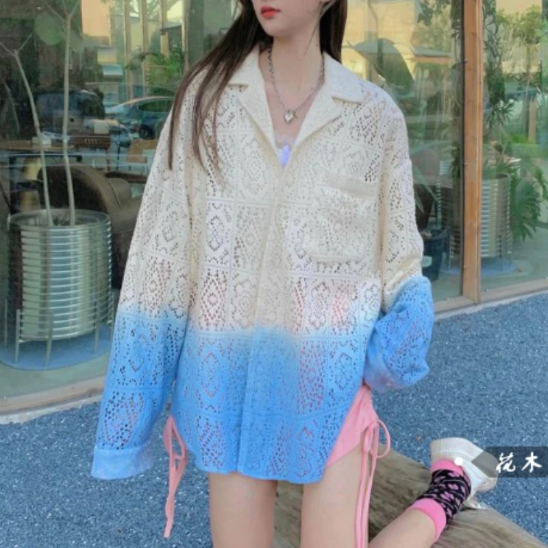

Korean style Design Sense Chic Personality Gradient Hollow T-shirt Women's Summer 2022 New Long Tops Trend