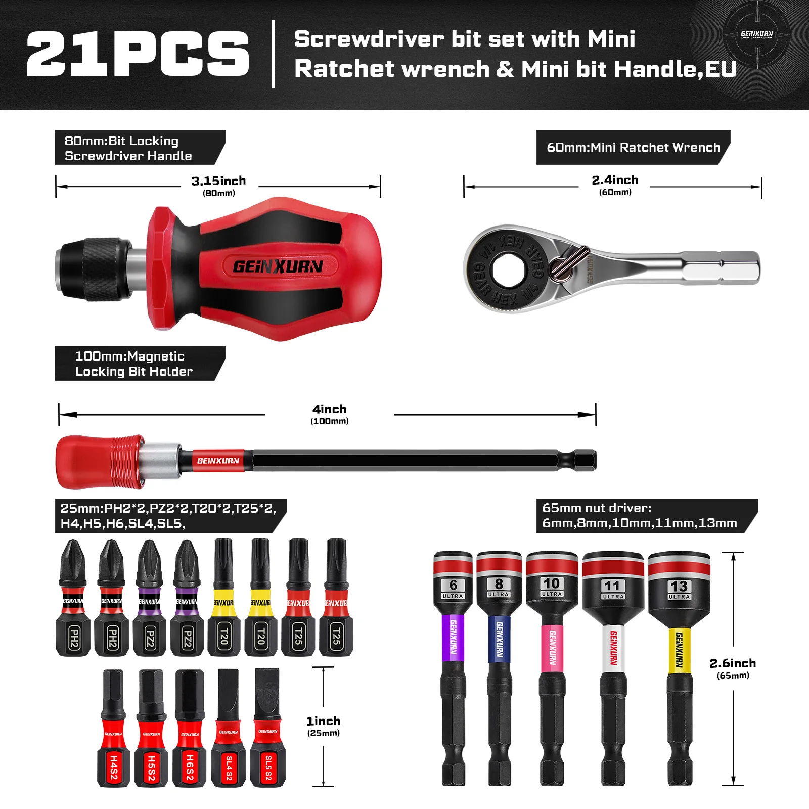 

Наборы отверток Geinxurn, 21 шт., мини-ключ с трещоткой, мини-ручка для бит, держатель бит и гайковерт с ударной отверткой S2