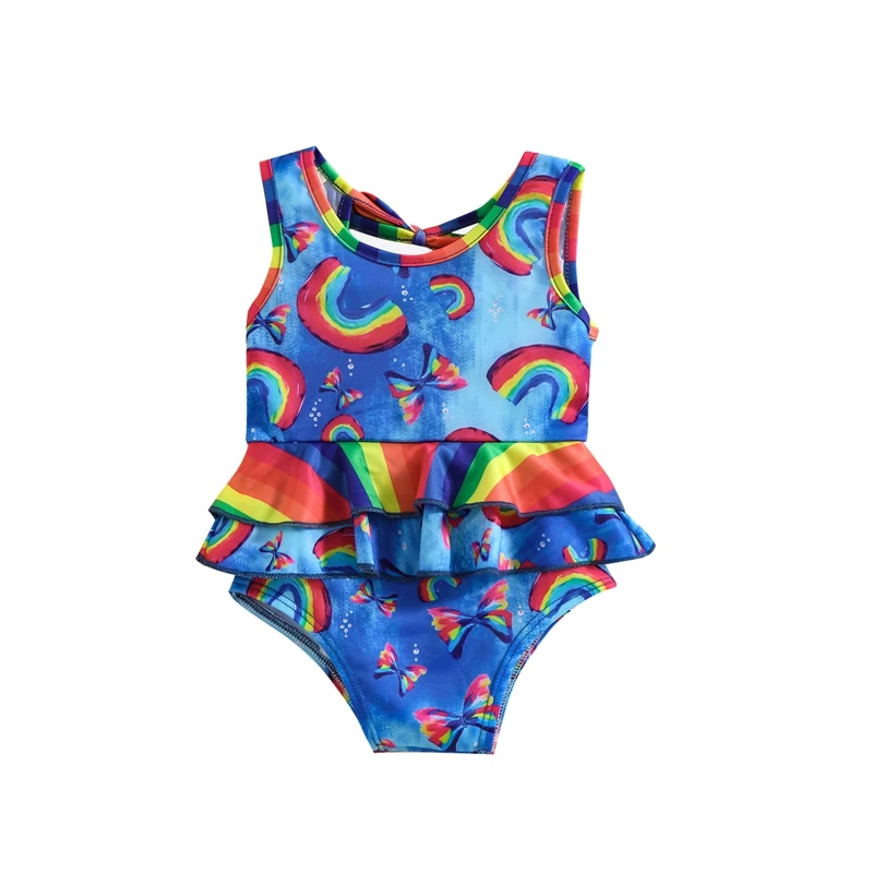 

Kids Girls Summer Swimwear, Cartoon Rainbow Butterfly Printed Sleeveless Ruffled Romper Beachwear