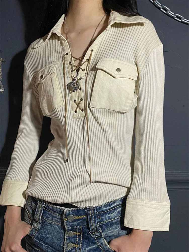 

Винтажные футболки в стиле Харадзюку CHRONSTYLE, женские топы с воротником с лацканами и шнуровкой, бандажные Топы с длинным рукавом, футболки с ...