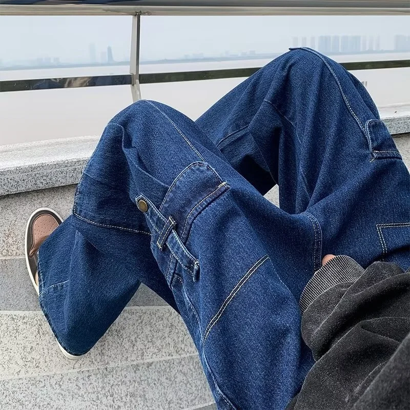 Blue Baggy Cargo Jeans Men Fashion Oversized Pocket Jeans Mens Japanese Streetwear Hip-hop Loose Straight Denim Trousers Men