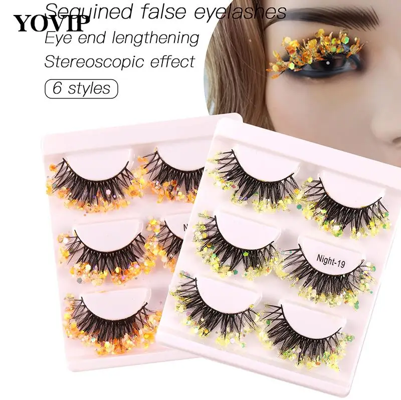 3Pairs 3D Glitter Sequin False Lashes Color Luminous Natural Nude Makeup Stage Makeup Thick Eyelashes Makeup Beauty tool