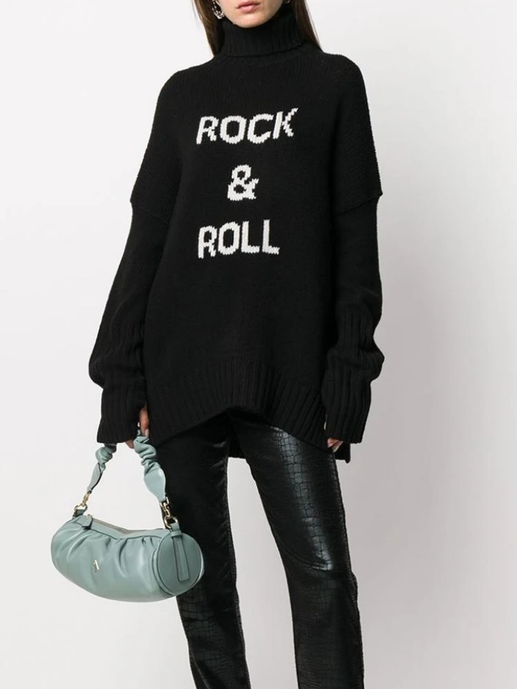 

Новинка Осень-зима 2022 Женский пуловер средней длины с высоким воротником и буквенным принтом Zadi Свободная верхняя одежда свитер