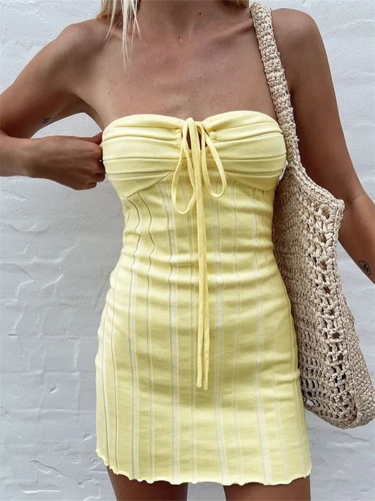 

Женское трикотажное платье без рукавов, однотонное облегающее короткое платье-бандо с лямкой на шее, летняя уличная одежда Y2k