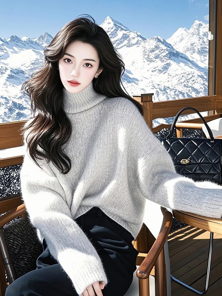 Модный повседневный универсальный серый свитер с воротником и длинными рукавами